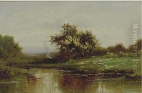 Landscape, River Bank Oil Painting by Charles Volkmar