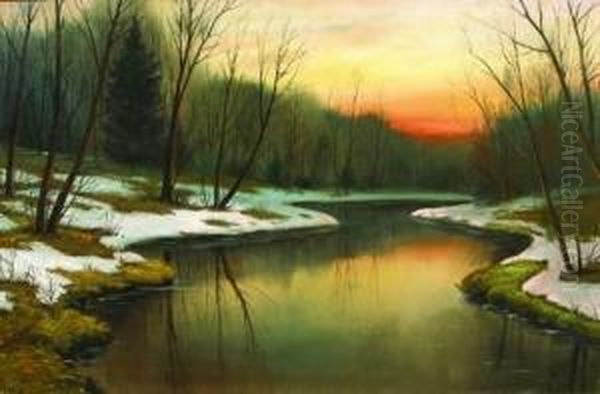 Paysage D'hiver Au Coucher De Soleil. Oil Painting by Efim Efimovich Volkov