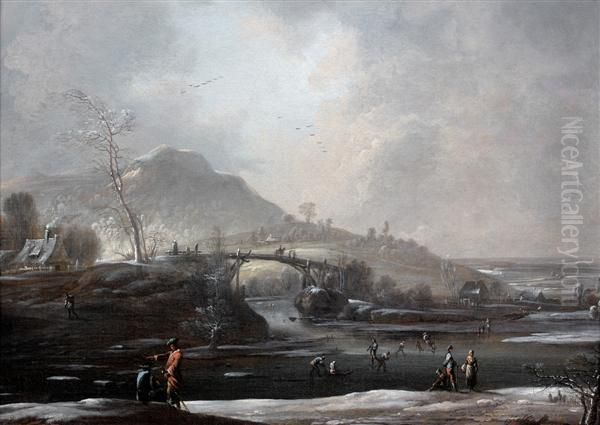 Patineurs Et Promeneurs Dans Un Paysage De Neige Oil Painting by Johann Christian Vollerdt or Vollaert