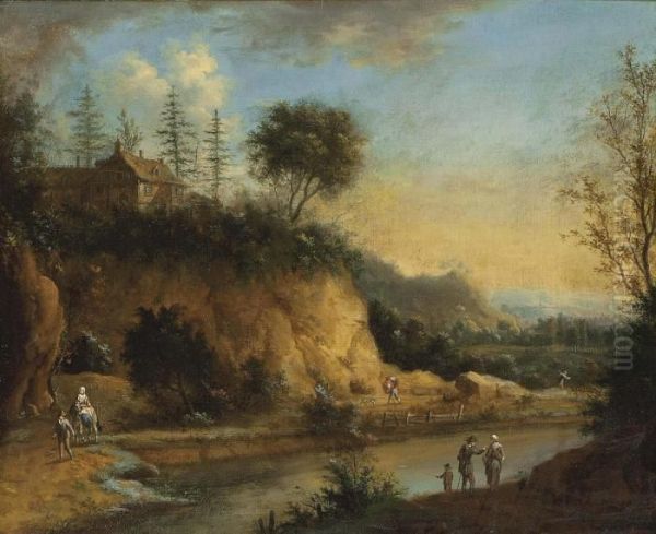 A River Landscape With Travellers On A Path, A Hilltop House Above Oil Painting by Johann Christian Vollerdt or Vollaert