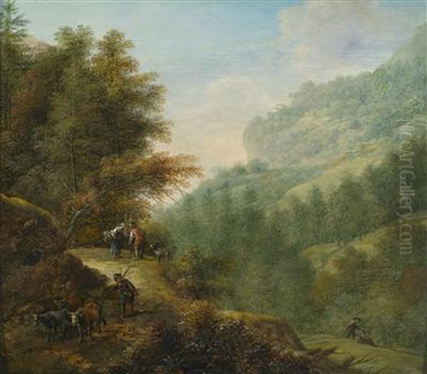 Two Wooded Landscapes With Travellers Oil Painting by Johann Christian Vollerdt or Vollaert