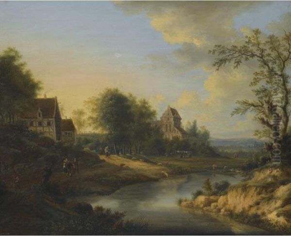 A River Landscape With Figures On The Bank And Sheep Grazing Oil Painting by Johann Christian Vollerdt or Vollaert