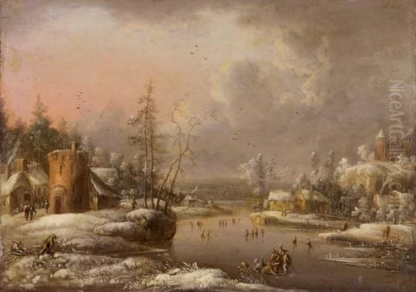 Winterlandschaft Mit Eisvergnugen Oil Painting by Johann Christian Vollerdt or Vollaert