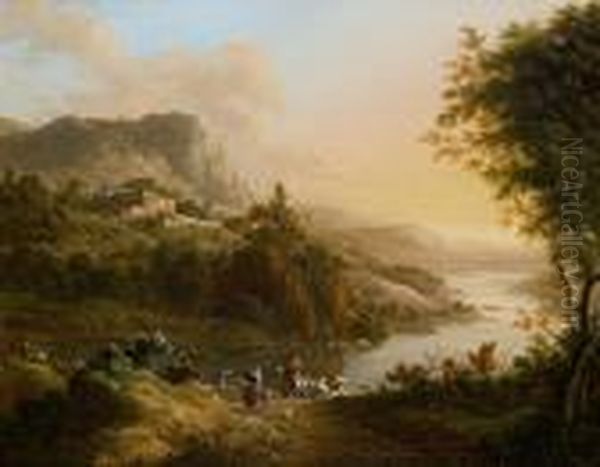 Horsemen And Peasants In An Extensive River Landscape Oil Painting by Johann Christian Vollerdt or Vollaert