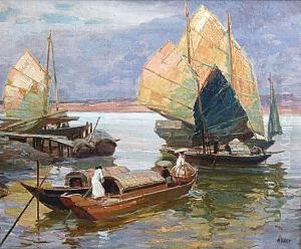 Bateaux Sur Le Fleuve Rouge, Hanoi Oil Painting by Henry Emile Vollet