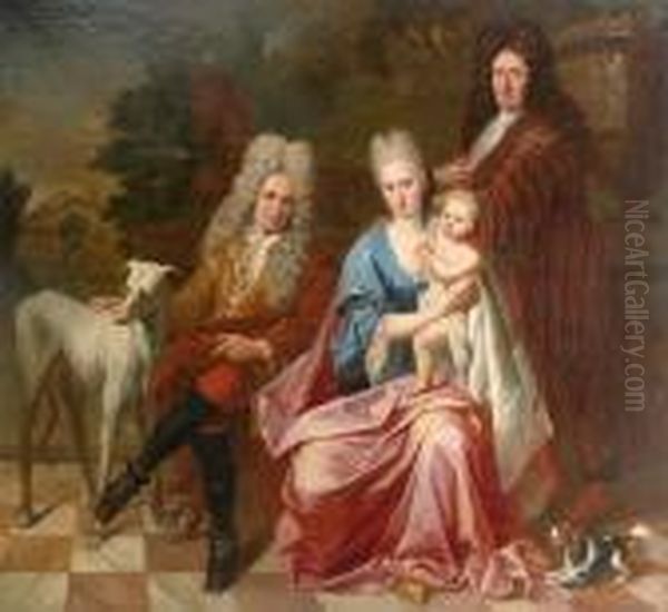 A Portrait Of A Noble Family Seated In A Garden With A Dog Oil Painting by Johannes Vollevens I