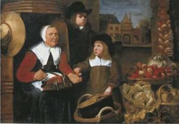 A Market Scene With Two Boys By A Vegetable Seller Making Lace, Thest. Jorispoort In Dordrecht Beyond Oil Painting by Johannes Vollevens I