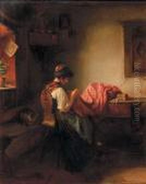 Young Girl Sewing Oil Painting by Ludwig Vollmar