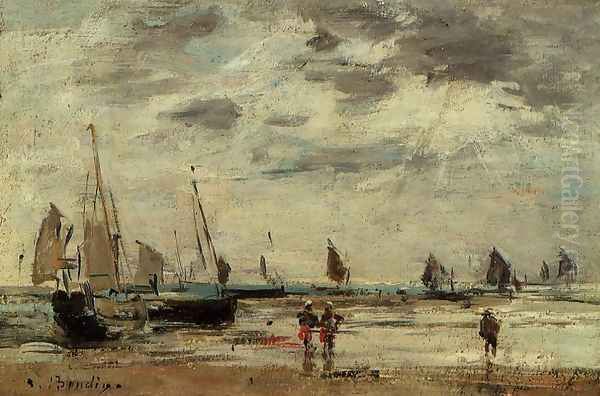 Berck, Jetty and Sailing Boats at Low Tide Oil Painting by Eugene Boudin