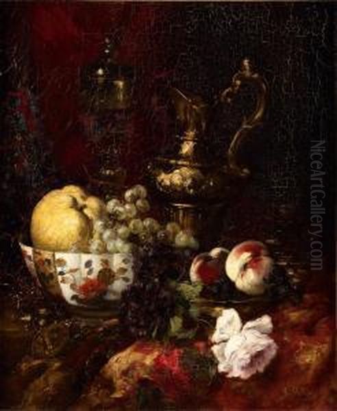 Nature Morte De Fruits Et De Fleurs Et Pieces D'orfevrerie Oil Painting by Alexis Vollon