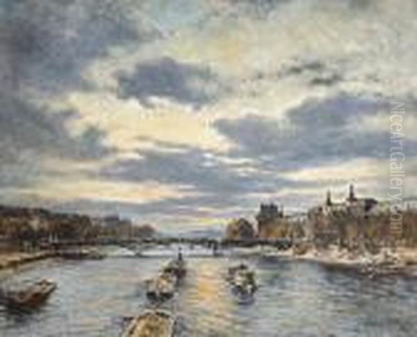 Coucher De Soleil Sur Le Pont Des Arts Et Le Louvre Oil Painting by Alexis Vollon