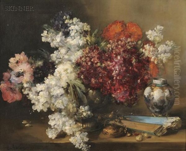 Still Life With Flowers, Porcelain, And A Folded Fan Oil Painting by Antoine Vollon