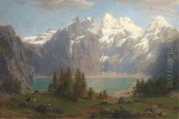 A Herdsman Grazing His Cattle Before A Mountain Lake Oil Painting by Johann Jakob Vollweider