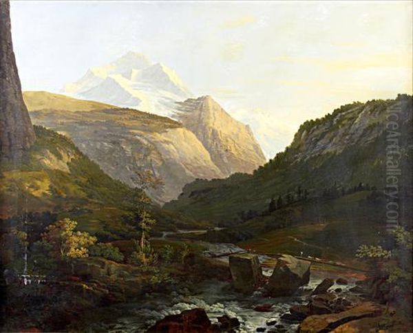 The Jungfrau Massif From A Torrent Oil Painting by Johann Georg Volmar