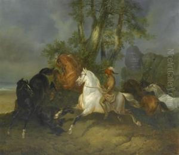 Indian Huntinghorses. Oil Painting by Johann Georg Volmar