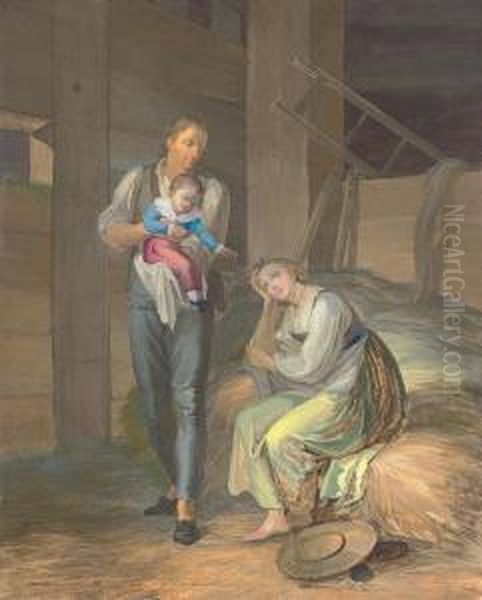 A Young Farmer And His Family Relaxing In A Barn Oil Painting by Johann Georg Volmar