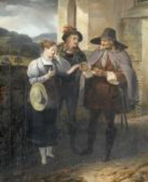 Drei Personen An Einer Kirchenmauer. Oil Painting by Johann Georg Volmar