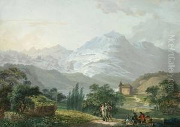 Alplandskap Med Vandrare Oil Painting by Johann Georg Volmar