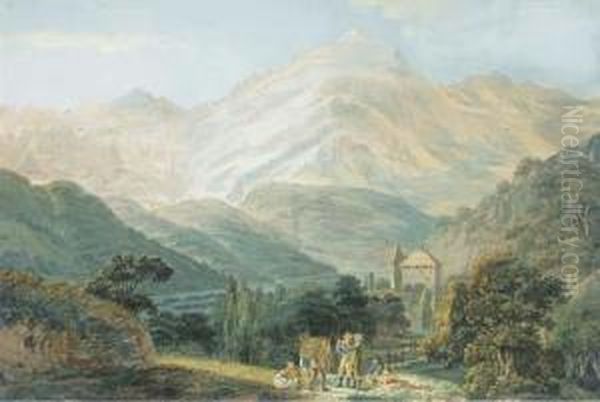 Vue Du Mont-blanc Avec Le Chateau De Sallanches Sur La Route De Cordon Au Premier Plan Oil Painting by Johann Georg Volmar