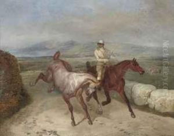 An Extensive Landscape With Two Racehorses And A Jockey Oil Painting by Joseph Simon Volmar