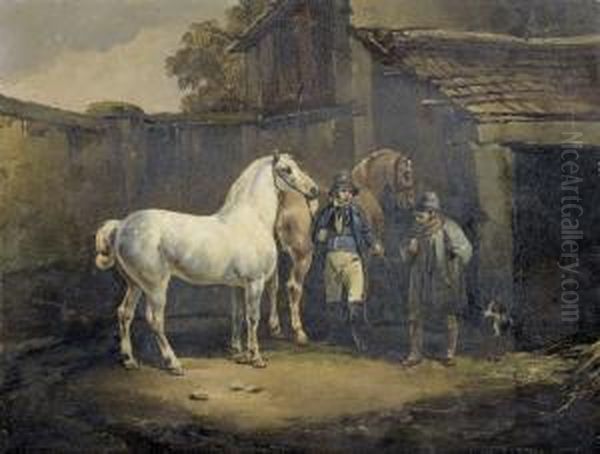 Zwei Pferde Vor Gehoft. Oil Painting by Joseph Simon Volmar