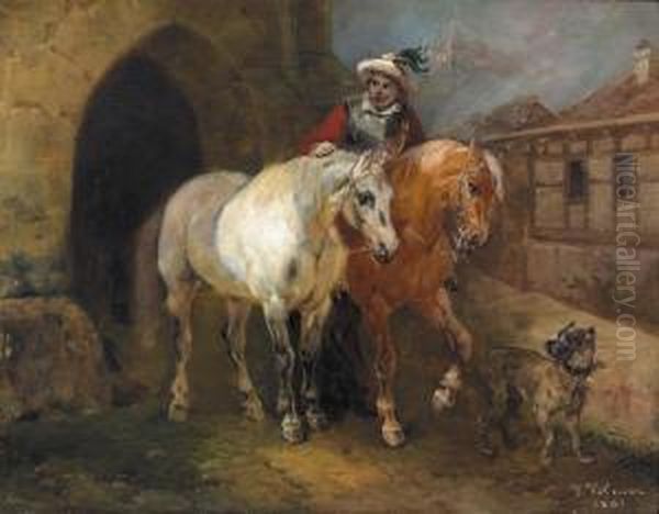 Reiter Mit Zwei Pferden Und Hund. Oil Painting by Joseph Simon Volmar