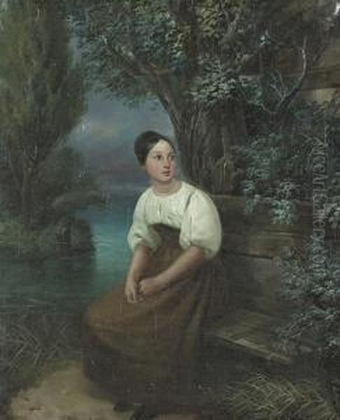 Portrat Einer Jungen Frau An Einem See. Oil Painting by Joseph Simon Volmar