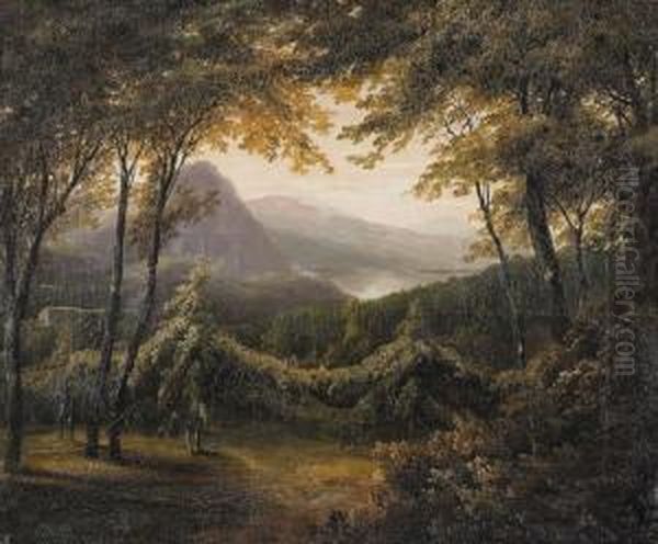 Mutter Und Kind Unter Hopfenranken In Waldiger Landschaft. Oil Painting by Rudolf Volmar