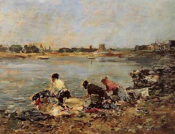 Laundresses on the Banks of the Touques I Oil Painting by Eugene Boudin