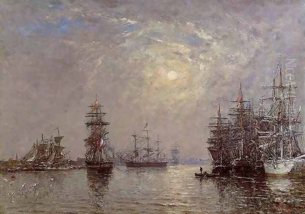 Le Havre: European Basin, Sailing Ships at Anchor, Sunset Oil Painting by Eugene Boudin