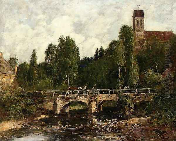 Saint-Cenery, the Church and the Bridge Oil Painting by Eugene Boudin