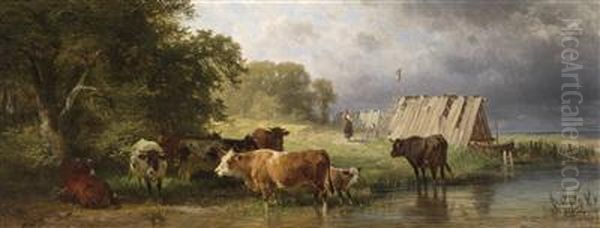 Herd Of Cows Resting By The Lakeshore Oil Painting by Friedrich Johann Voltz