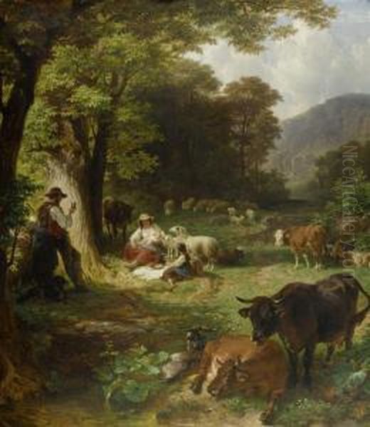 Peasant Family At Meal Time With Cows And Sheep Oil Painting by Friedrich Johann Voltz