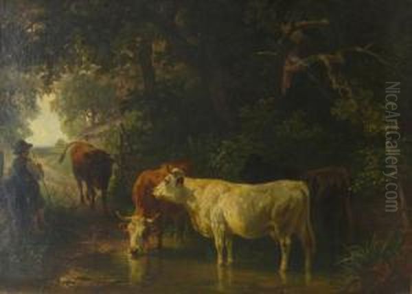 Cow Watering Oil Painting by Friedrich Johann Voltz