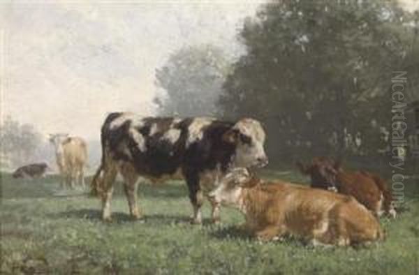 Cows Resting In The Pasture Oil Painting by Friedrich Johann Voltz