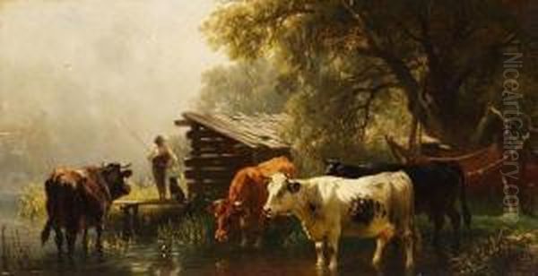 Uferlandschaft Mit Kuhen Und Angler Oil Painting by Friedrich Johann Voltz