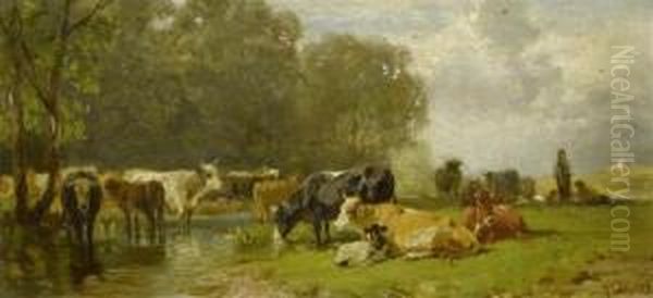 Cows In A Meadow. Oil Painting by Ludwig Gustav Voltz