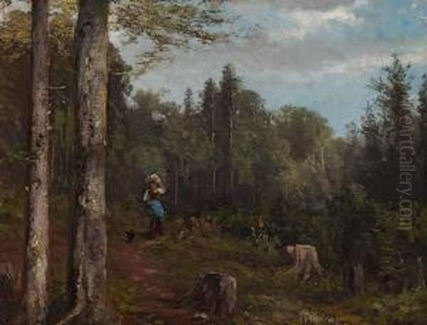 Bauerin Mit Hund Auf Dem Waldweg Oil Painting by Ludwig Gustav Voltz