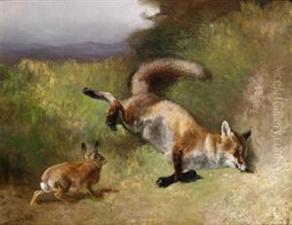 Hase Vor Erlegtem Fuchs Oil Painting by Ludwig Gustav Voltz