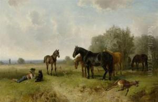 Group Of Horses With A Herdsman And His Dog Oil Painting by Ludwig Gustav Voltz