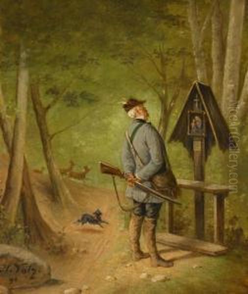 Hunter At A Wayside Shrine Oil Painting by Hermann Volz