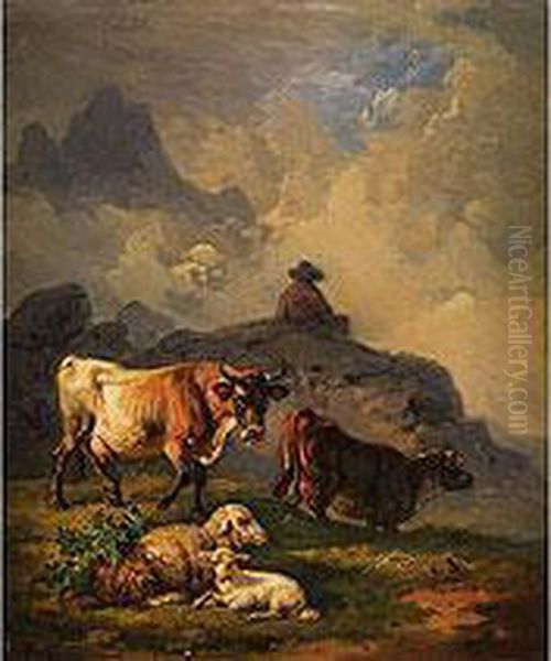 Kuhe Und Schafe In Hugeliger Landschaft Oil Painting by Hermann Volz