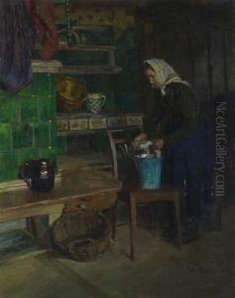 Magd Mit Putzeimer Vor Kachelofen Oil Painting by Wilhelm Volz