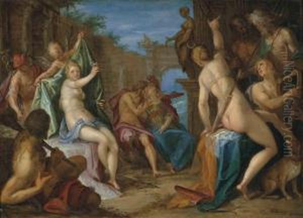 An Assembly Of The Gods, With Jupiter Embracing Minerva, Venusconfronting Diana Observed By Hercules, Mercury, Cupid And Apollo,and Neptune And Hades Conversing, In Classical Ruins Oil Painting by Hans Von Aachen