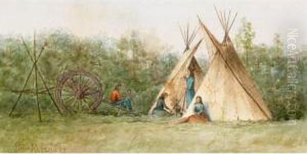 Indian Settlement Oil Painting by Carl Henry Von Ahrens