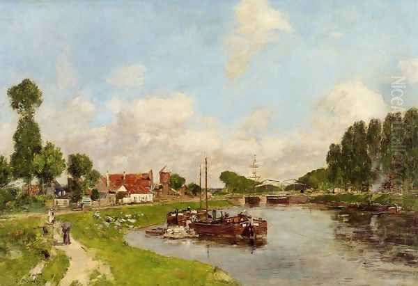 Saint-Velery-sur-Somme, Barges on the Canal Oil Painting by Eugene Boudin