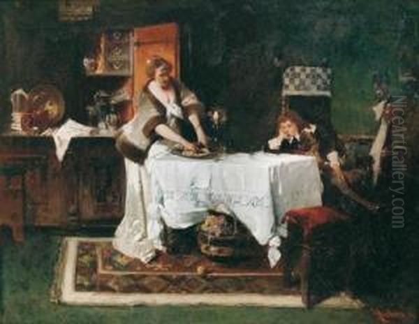 At Lunch Oil Painting by Raphael von Ambros