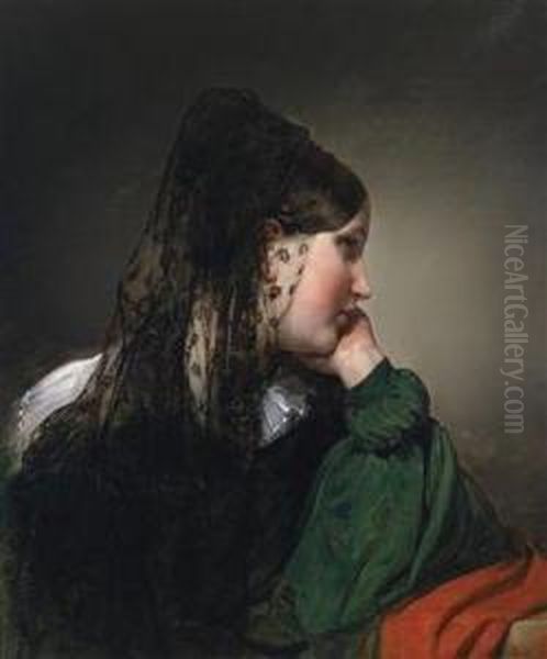 Profile Portrait Of A Girl With Black Mantilla Oil Painting by Friedrich Ritter von Amerling