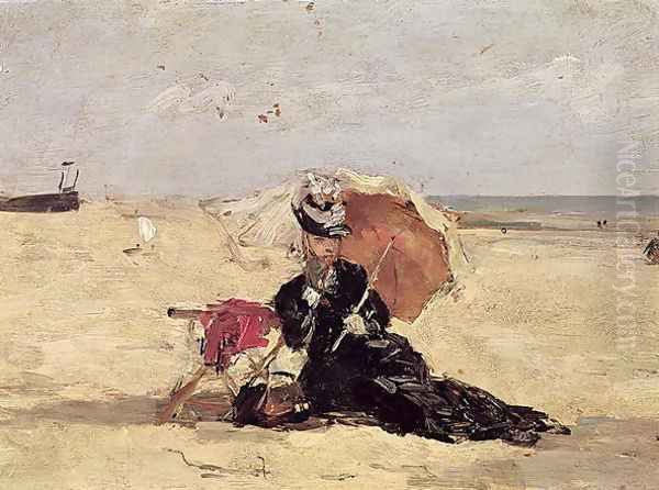 Woman with a Parasol on the Beach 1880 Oil Painting by Eugene Boudin