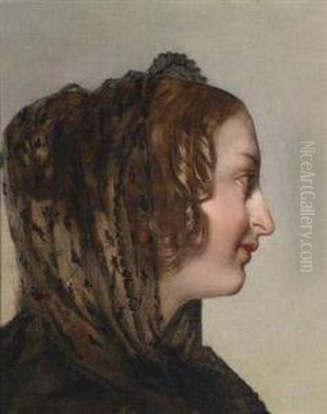 Circle Female Head In Profile With Black Veil Oil Painting by Friedrich Ritter von Amerling